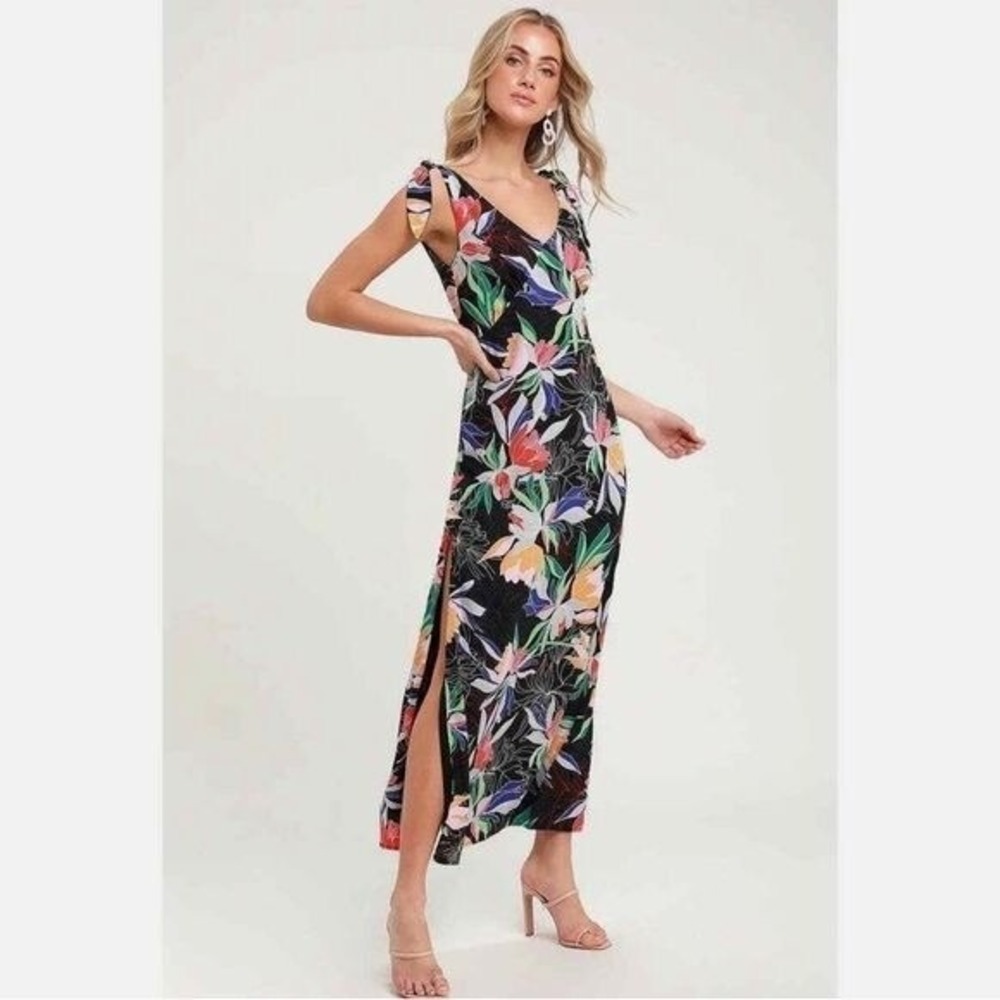 Lulus‎ Beloved Becky Black Floral Print Maxi Dress Medium Romantic Evening